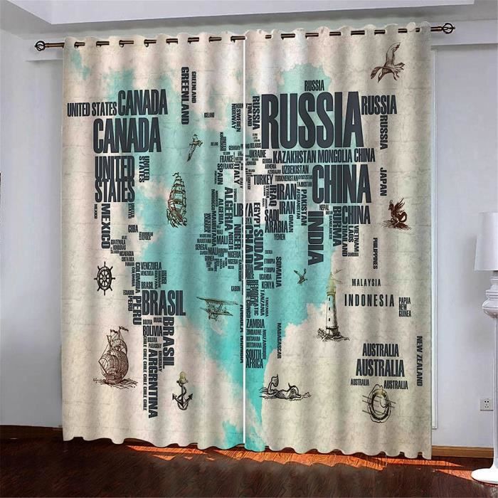 Rideaux Occultants Thermiques 3D Motif Carte Du Monde - Lot De 2, 260x220 Cm - Polyester, Oeillets Métalliques - Pour Salon, Chambre, Cuisine