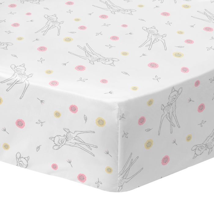 Drap housse enfant imprimé 100% Coton - DISNEY BAMBI FLOWERS - Blanc - 90x190/200cm