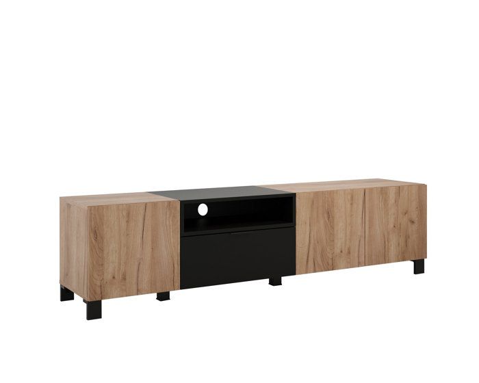 trendteam smart living meuble tv bas en chêne kraft tabac/noir mat kendo 185 x 47 x 40 cm