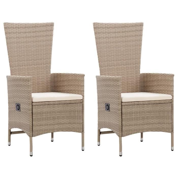 Lot de 2 Chaises dextérieur - Style Contemporain - Résine tressée Beige - Coussins Blanc cassé - Inclinables