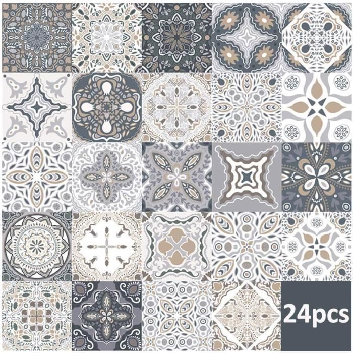 Cendray 24Pcs Carrelage Autocollants Décoration Murale Rétro Style Mosaïque 15x15cm - Salle De Bains Cuisine Étanche