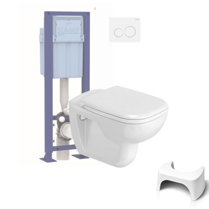 Pack WC suspendu DURAVIT D-code + bati support SIAMP + plaque + tabouret physiologique blanc