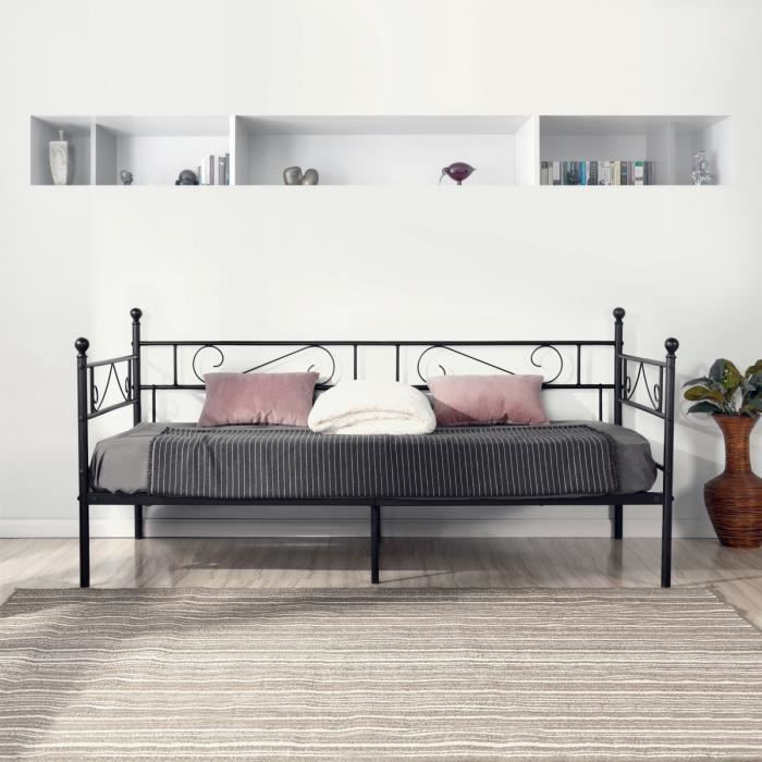Cadre De Lit Métal 90x190cm EGGREE - Lit Simple Adulte/enfant - Structure Robuste Noire