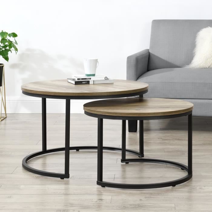 Set de 2 tables basses Christchurch rondes gigognes effet bois foncé [en.casa]