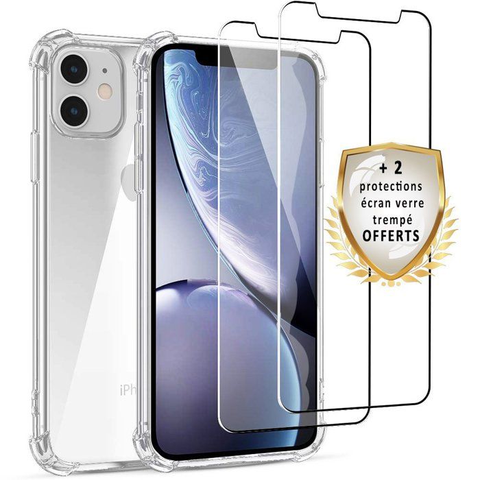 Coque pour iPhone 11 Antichoc Silicone + 2 Vitres en verre tremp&eacute; Protection &eacute;cran