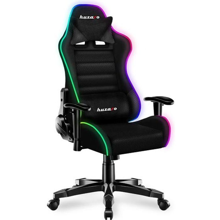 chaise gaming huzaro ranger 6.0 noir led rvb, chaise bureau, pc gaming, ergonomique, coussin lombaire têtière, réglable, pivotant