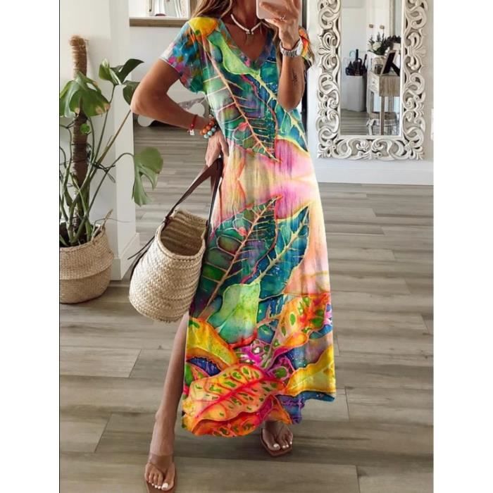 Femme Casual Robes Robes Longues ??t?� Robe De Plage Floral ?? Manches Courtes Col V Robe Mode 