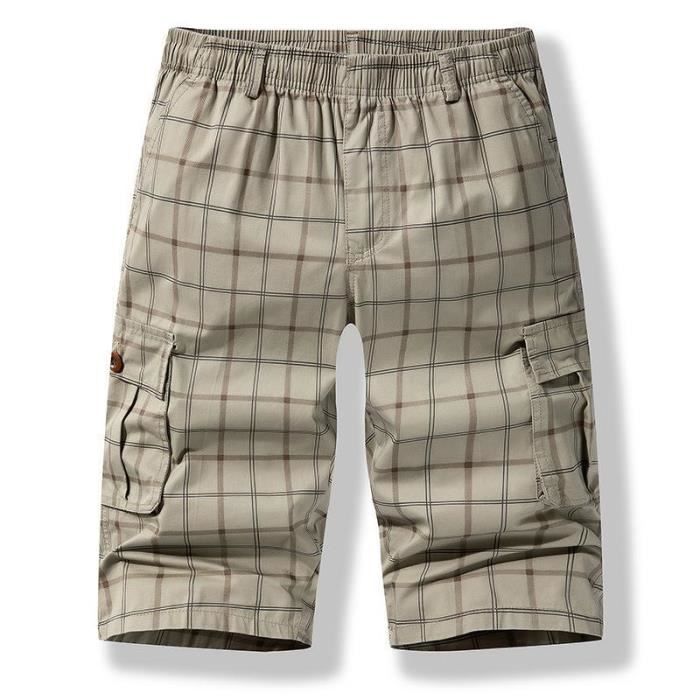 pantacourt-cargo-homme-carreaux-en-coton-multi-poches-taille-elastique