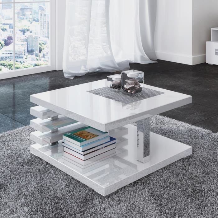 table basse design - ariene - 60x60 cm - blanc brillant - étagère pratique sous le plateau