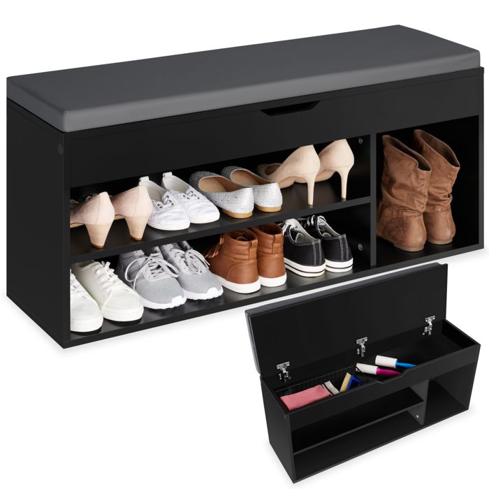 Meuble à chaussures - TECTAKE - Banc à chaussures NATALIA en bois MDF avec assise rembourrée 104 x 30 x 49 cm - Noir