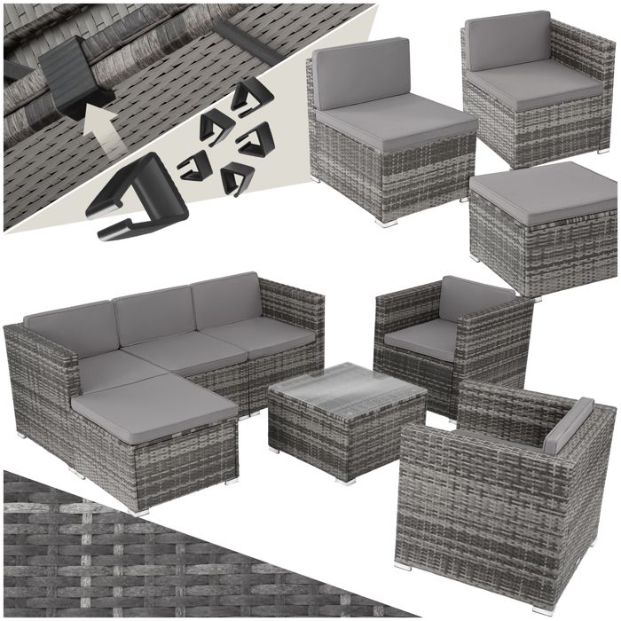 Salon de jardin - TECTAKE - Ensemble lounge dextérieur LIGNANO 6 places modulaire fauteuils et 1 table avec plaque en verre - Gris