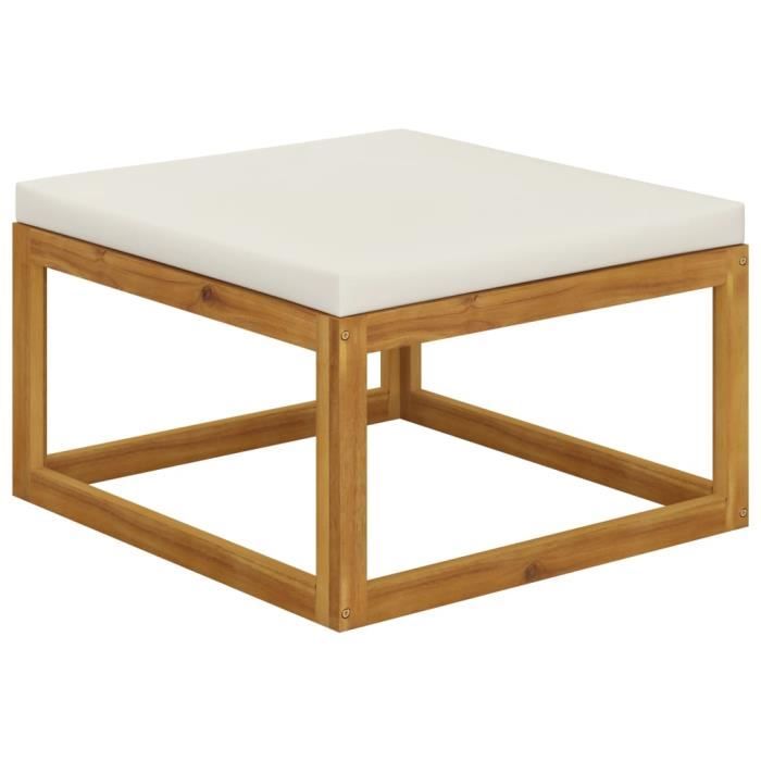 Repose-pied - Bois dacacia massif - Blanc crème - Coussin rembourré - Finition huilée - Style contemporain