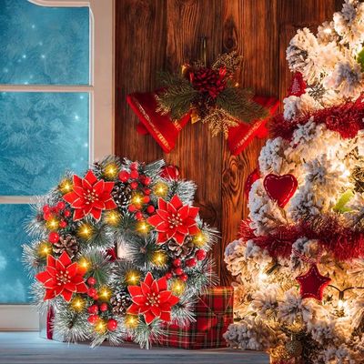 Couronne De Noël Artificielle Avec 30 LED - Décoration De Porte 30 Cm, Guirlande Lumineuse Incluse