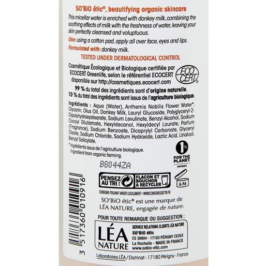 Sobio Eau Micellaire Lactée Mon Lait Dânesse 500 Ml Efficace Et Ultra Douce