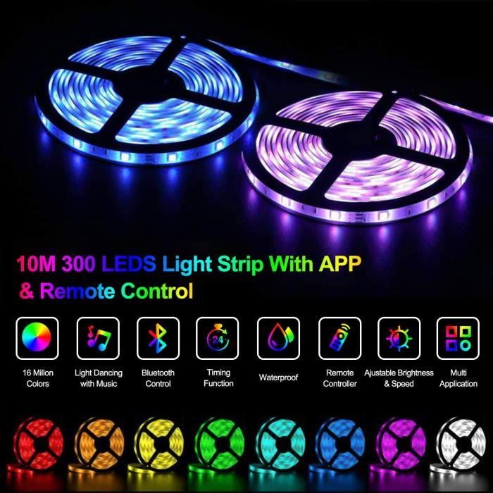 Ruban LED Bleutooth 15M Bande LED 5050 RGB LED Chambre Bande Lumineuse  Flexible Multicolore, Contrôlé par APP du Smartphone, Synchroniser avec  Rythme