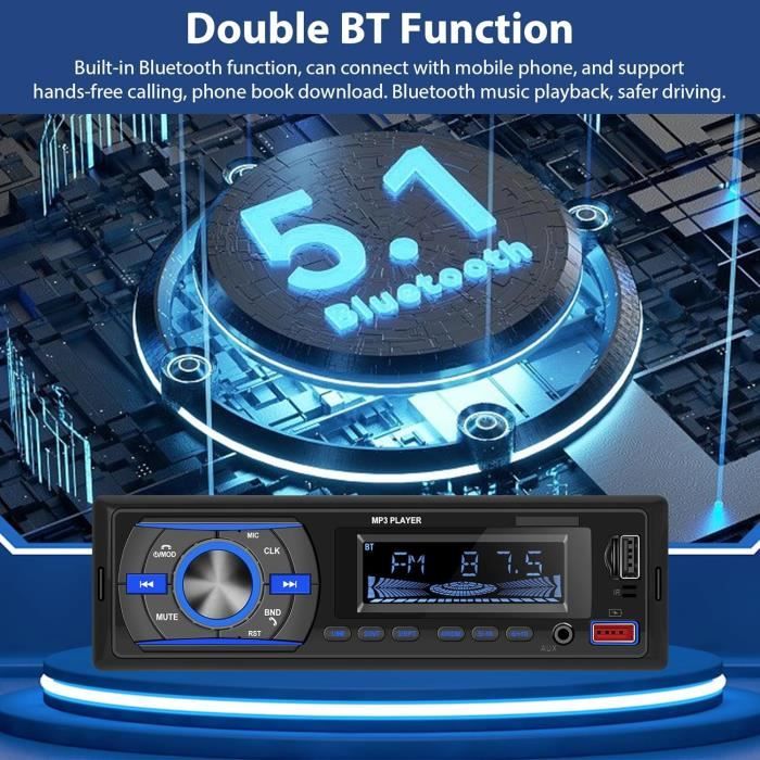 Autoradio Voiture Bluetooth MP3 1 DIN Auto Radio USB Lecteur Mains Libres  Stéréo Musique Charge TF Aux Enregistrement 7 couleurs - Cdiscount Auto
