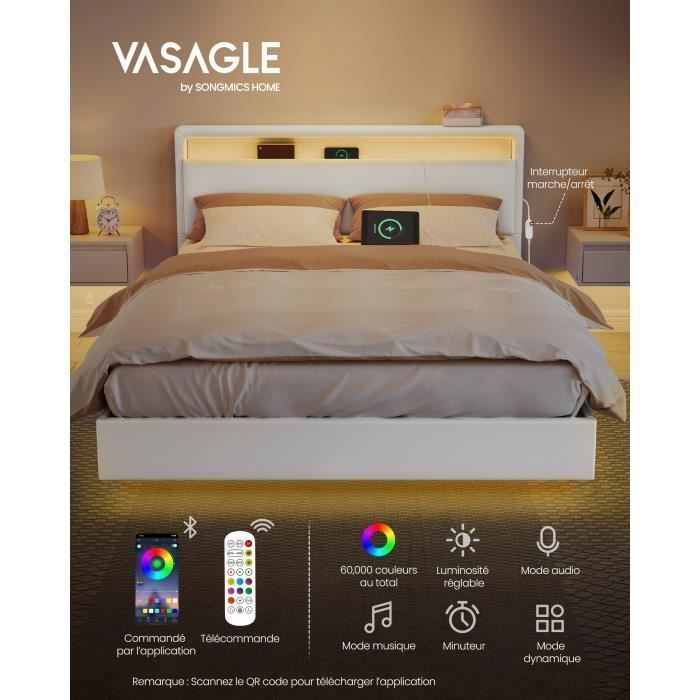 Lit Flottant 160x200 Avec LED 360° Réglable, Ports De Charge Et étagères - Cadre Métal, Sans Matelas
