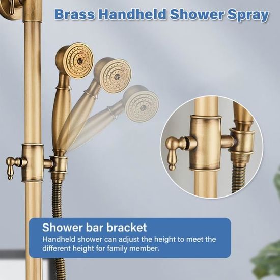 Système De Douche, Salle De Bains Murale En Laiton Antique, Mélangeur à 2 Boutons Croisés, Ensemble Combiné De Douche, Pomme De Douche à Effet De Pluie De 8 Pouces Avec Douchette à
