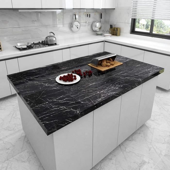 Papier Adhésif Marbre Noir Pour Meubles - 40x500 Cm - Vinyle Imperméable, Facile à Poser - Pour Cuisine, Salle De Bain, Comptoirs