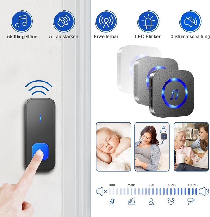 Sonnettes sans Fil, 55 Mélodies 5-Niveaux Volum et, IP55 Étanche