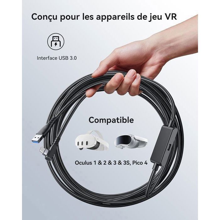 AXFEE Câble Link 5M Compatible Avec Meta/Oculus Quest 3/2/1, Avec Fonction De Charge USB C Séparée, 5Gbps Transfert Rapide Données Et Charge Rapide