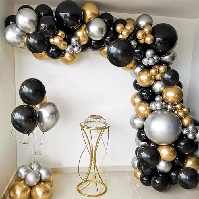 Arche Ballon Anniversaire, Ballons Mariage Noir et or argent en Latex pour  Decoration Festival Fête