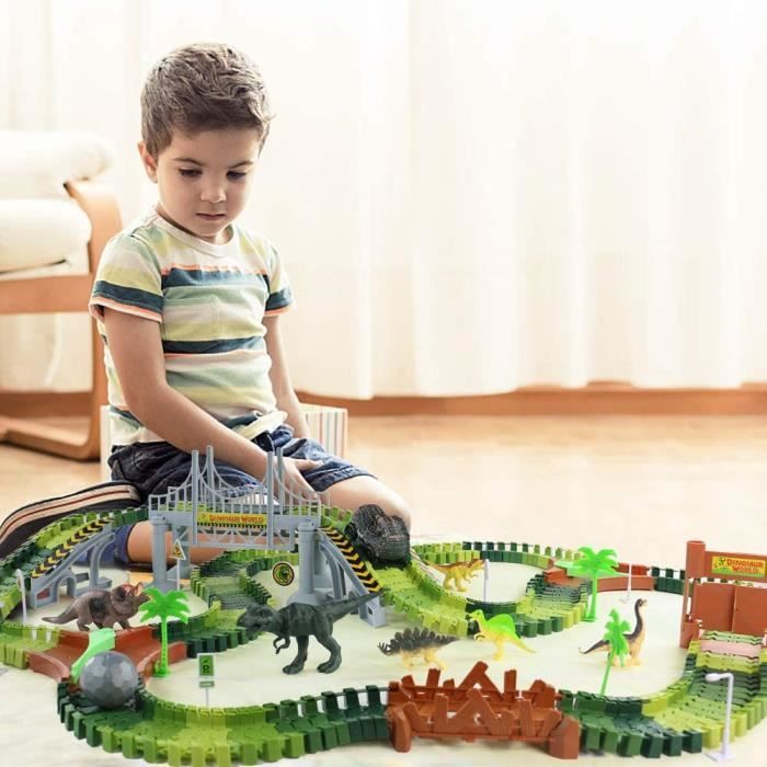 Circuit Voiture Enfant Dinosaure Flexible 213 Pièces - 8 Dinosaures + Voiture - Jeu Éducatif Pour Enfants 3-6 Ans