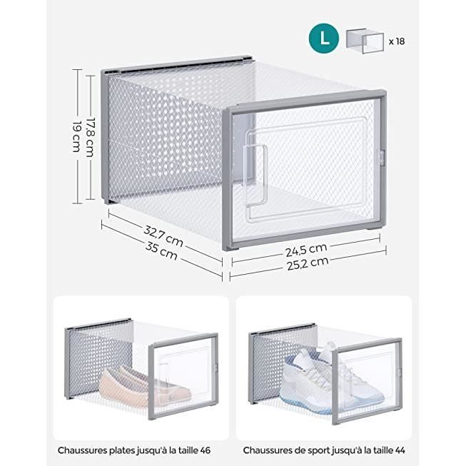 Boîtes à Chaussures Litinliv – Lot De 1 Grande Boîte Grise, Transparent, Poignées Renforcées, Range Jusqu’à 12 Paires, Idéal Placard Et Rangement Gain De Place