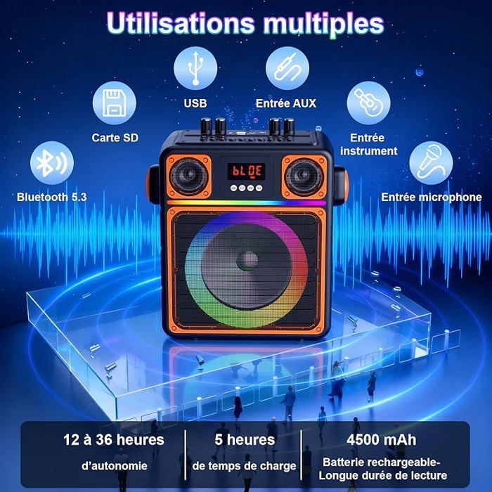 Speaker With Wireless Microphone Machine à Karaoké Portable Avec 2 Micros Sans Fil - Haut-Parleur Bluetooth LED, Idéal Fêtes Et Anniversaires