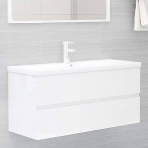 Versa Meuble de salle de bain suspendu au mur fond réduit 1 tiroir 2 portes avec évier en céramique Blanc brillant 
