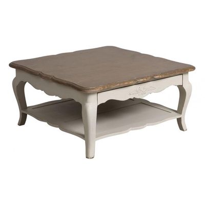 Table Basse Carrée Style Fermier Blanc - 80x80 Cm - Bois Massif Avec Plateau Relevable Et Rangement Secret - Rustique Pour Salon
