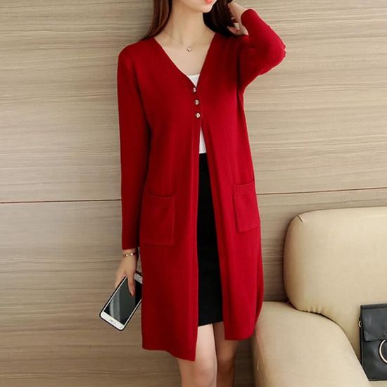 Gilet Long Femme Cardigan Tricoté Chic - Manteau Élégant Automne Hiver Boutonné
