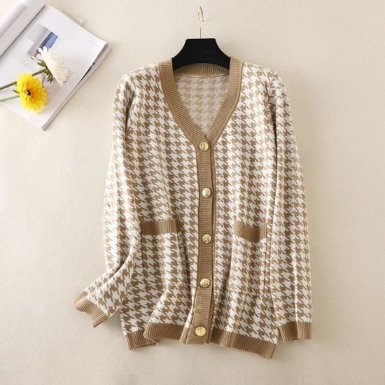 Gilet Cardigan Femme - ??l?�gant - Surdimensionn?� - Col V - Manches Longues - Pied-de-Poule 