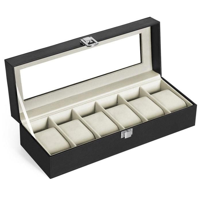 Boîte à montres avec 6 emplacements presentoir montres avec couvercle en verre doublure en velours coussin et loquet 30 cm revêtem