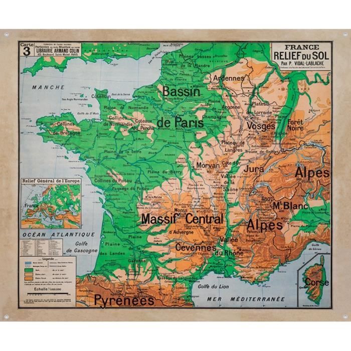 Vidal Lablache n° 3 - FRANCE RELIEF DU SOL (reproduction ancienne carte scolaire)