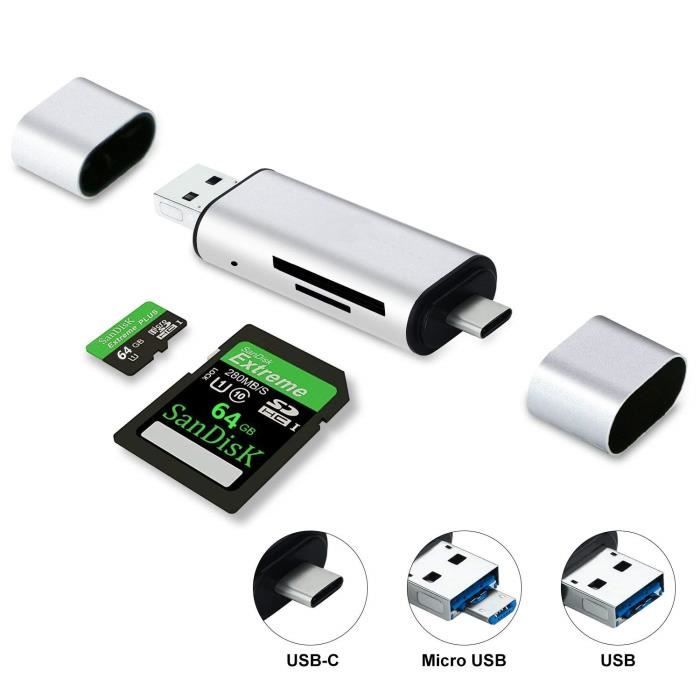 Juce® Lecteur de cartes 3 en 1 TF - Micro SD Lecteur de Carte Mémoire Type-C- USB-A - Micro USB Adaptateur - Argent