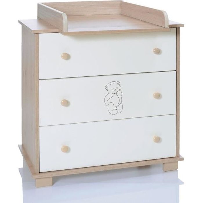 LCP Kids Commode Bebe avec Table à Langer Amoviable | 3 Tiroirs Grande |Ours Creme Blanc