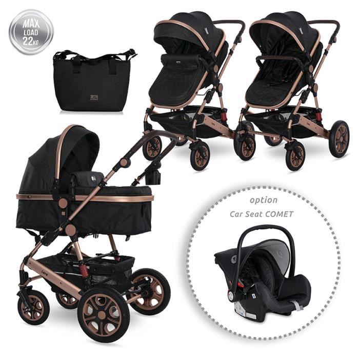 LORELLI - Poussette combinée trio 3 en 1 - siège auto 0m – nacelle – dès la naissance – jusqu’à 15kg – Lora - noir