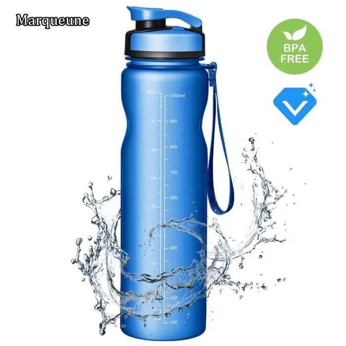 Bouteille d'eau Sport 1L MARQUEUNE,sans BPA,Écologique Gourde Eau pour Gym,Yoga,Course à Pied, Activités de Plein air,Voyage,Bleu