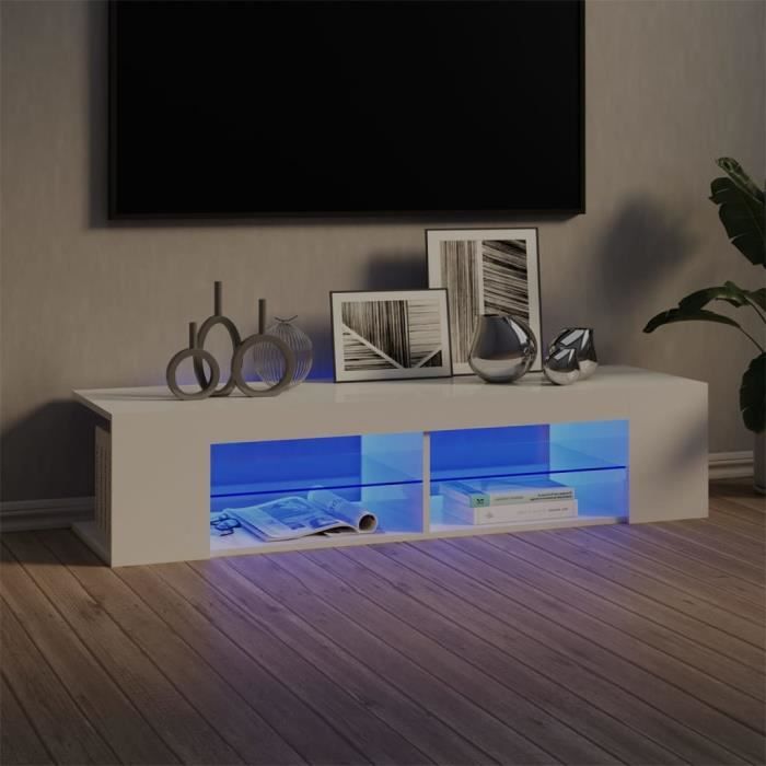 5418lOVE® Meuble TV Vintage Design-Armoire TV avec lumières LED,Banc TV,Table Salon Blanc brillant 135x39x30 cm