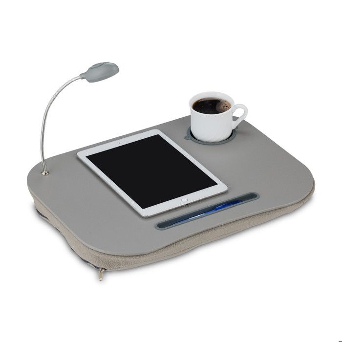 Relaxdays Support table de genoux pc portable Lampe LED ordinateur Porte gobelet, gris