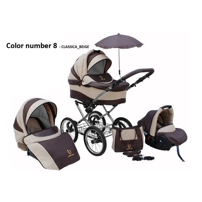 Poussette/Landau avec siège-auto 3en1 et avec accessoires & cadre en chrome et roues 14- gonflables bébé enfant Classica - Beige.