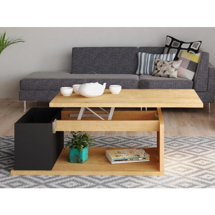 Table basse ALDANA - Plateau relevable - Bois et MDF - Chêne et Anthracite