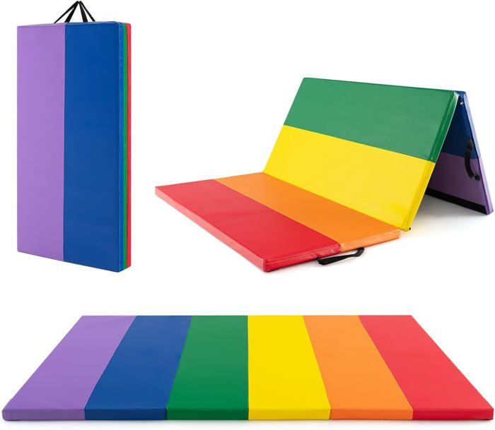 Tapis De Gymnastique Pliable GOPLUS - 180x120x4cm, 3 Panneaux, Attaches Auto-agrippantes, PU, Poignée