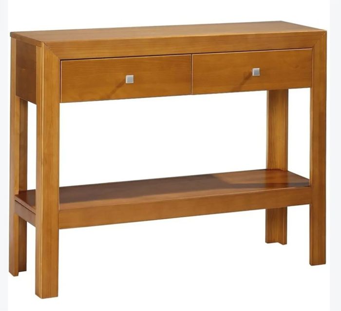 Console avec 2 tiroirs et 1 étagère en pin massif coloris cerisier - Longueur 105 x Profondeur 35 x Hauteur 85 cm Console avec 2 tiroirs et 1 étagère en pin massif coloris cerisier - Longueur 105 x Profondeur 35 x Hauteur 85 cm