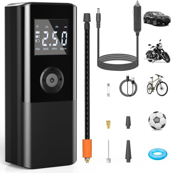 6000mAh Mini Pompe à Air Electrique, Compresseur à Air Portatif Gonfleur Pneus Sans Fil 150 PSI