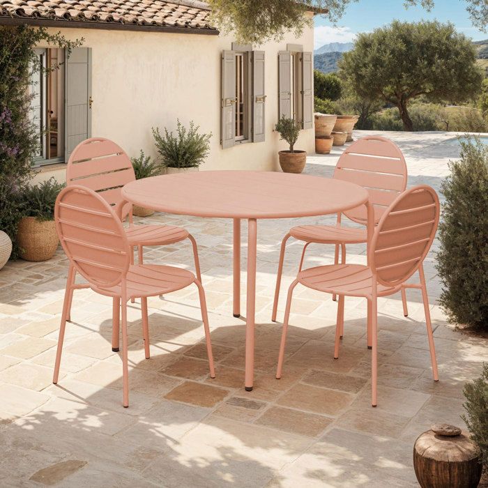 Ensemble table 110 cm + 4 chaises rondes en métal terracotta - BACA