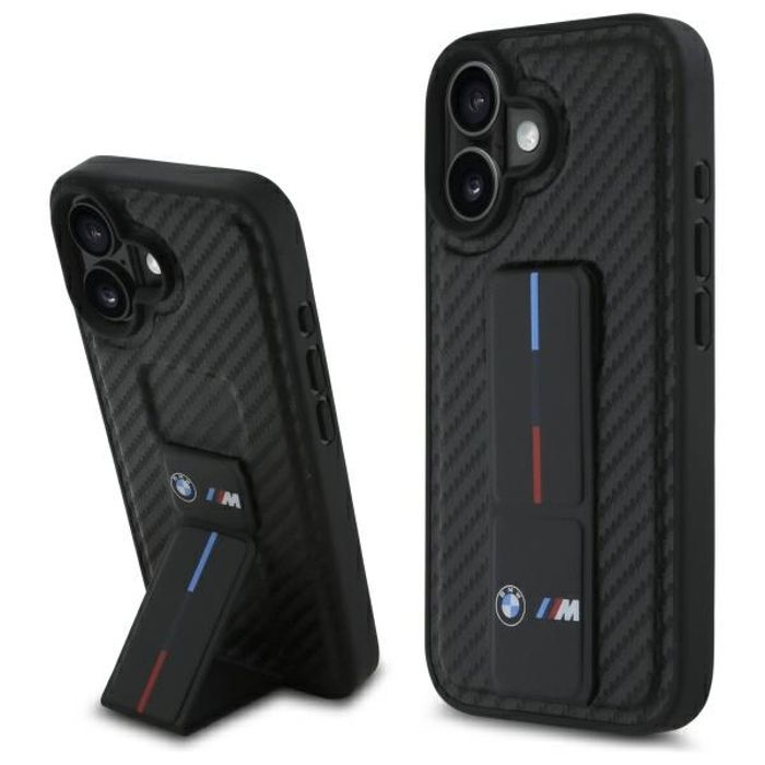 Coque pour iPhone 16 - BMW Cuir M Grip Stand Lisse et Carbone (BMHCP16SGSPCCK) - Noir