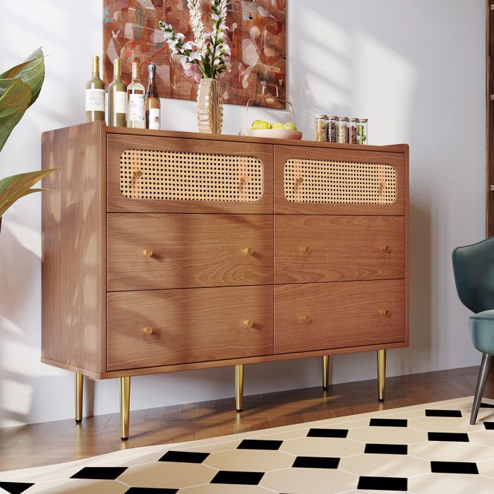 Commode vintage - URBAN MEUBLE - 6 tiroirs en rotin - Poignées dorées - 120x90x40cm - Bois clair Commode vintage - URBAN MEUBLE - 6 tiroirs en rotin - Poignées dorées - 120x90x40cm - Bois clair
