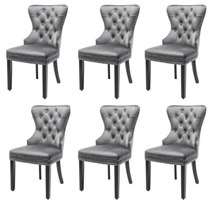 Lot de 6 Chaises de Salle à Manger en Velours Style Chesterfield Dossier Haut Capitonné avec Pieds Bois Massif Gris